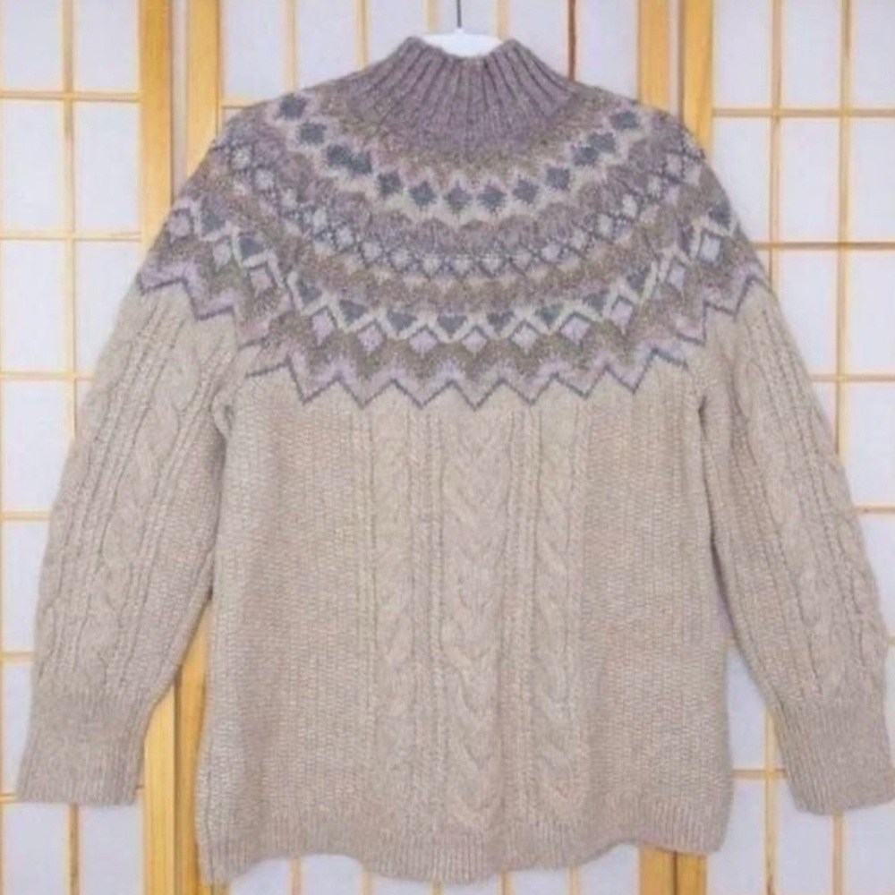 Chico's Beige and Taupe Cable-Knit Fair Isle Turtleneck Sweater Size 4